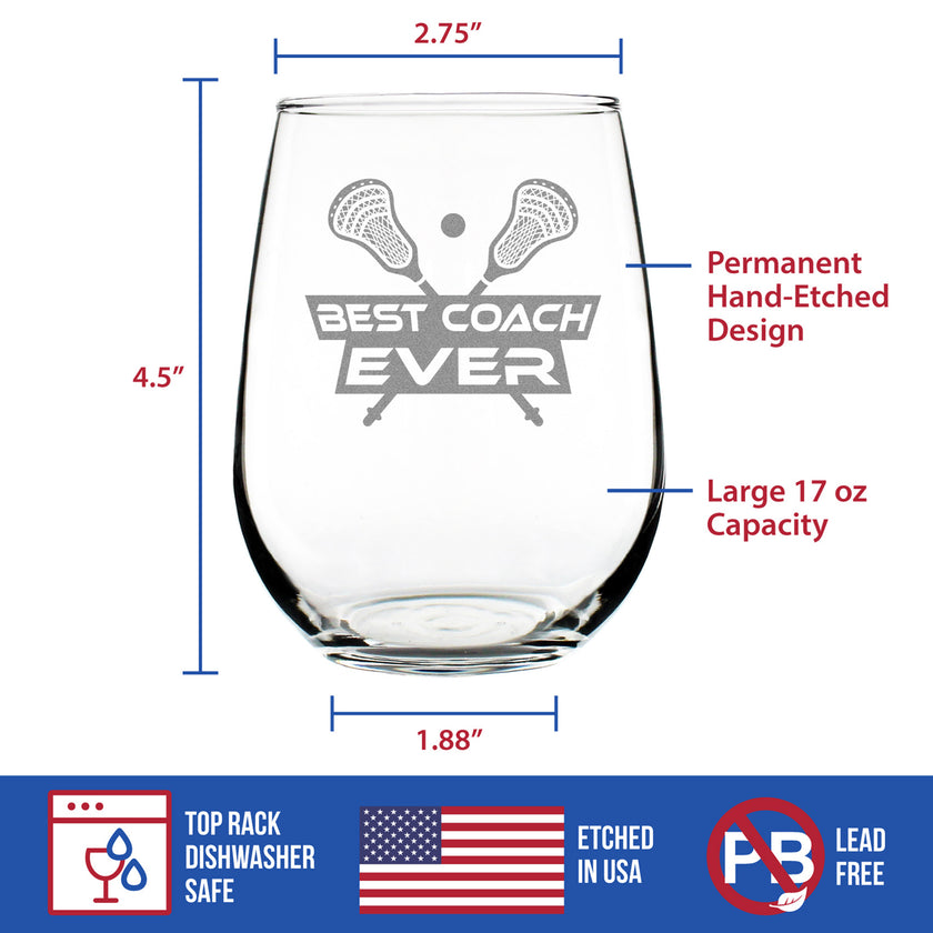 Lacrosse Coach Gifts for Coaches - Engraved Stemless Wine Glass - Best Coach Ever - Large Wine Glasses - 17 oz