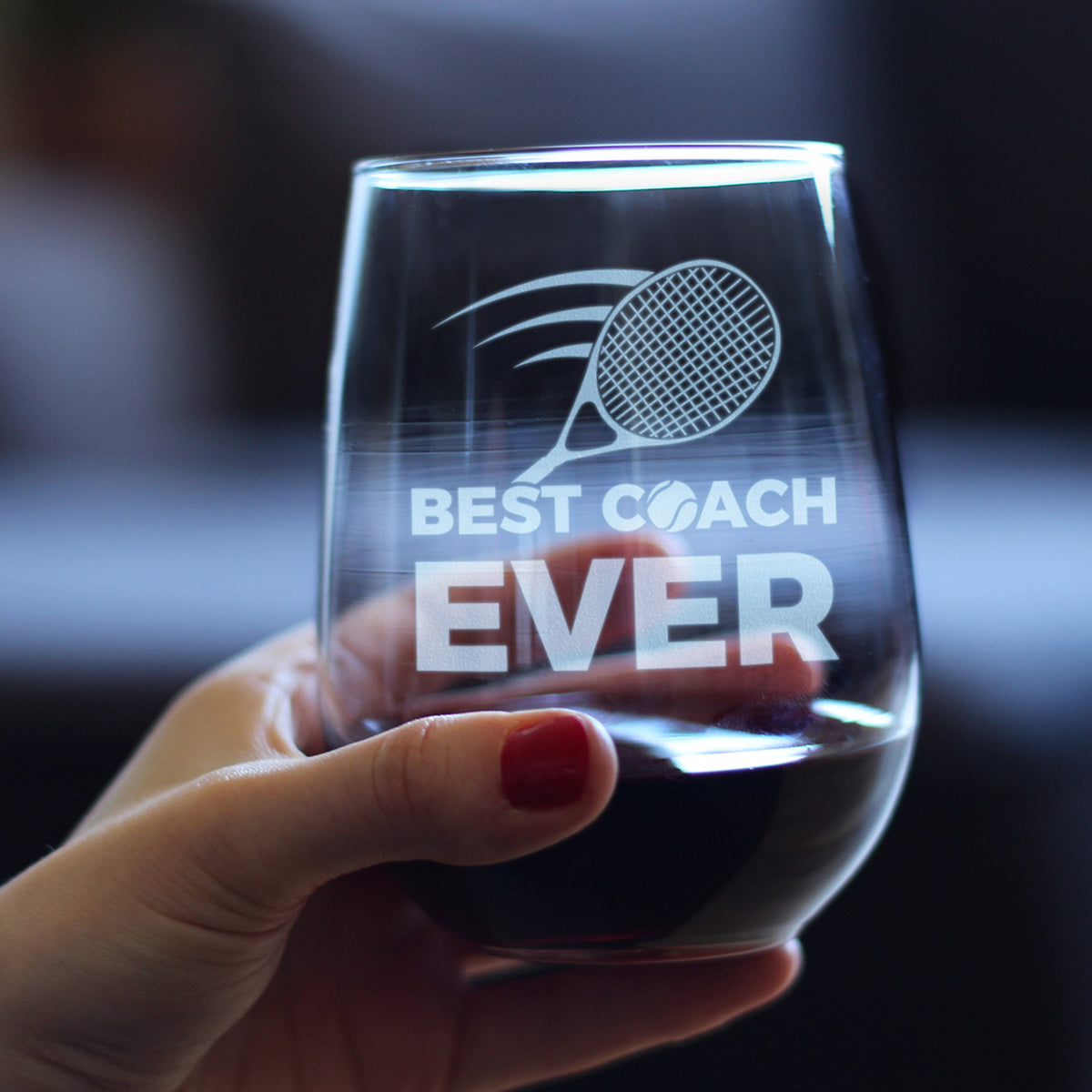 Tennis Coach Gifts for Coaches - Engraved Stemless Wine Glass - Best Coach Ever - Large Wine Glasses - 17 oz