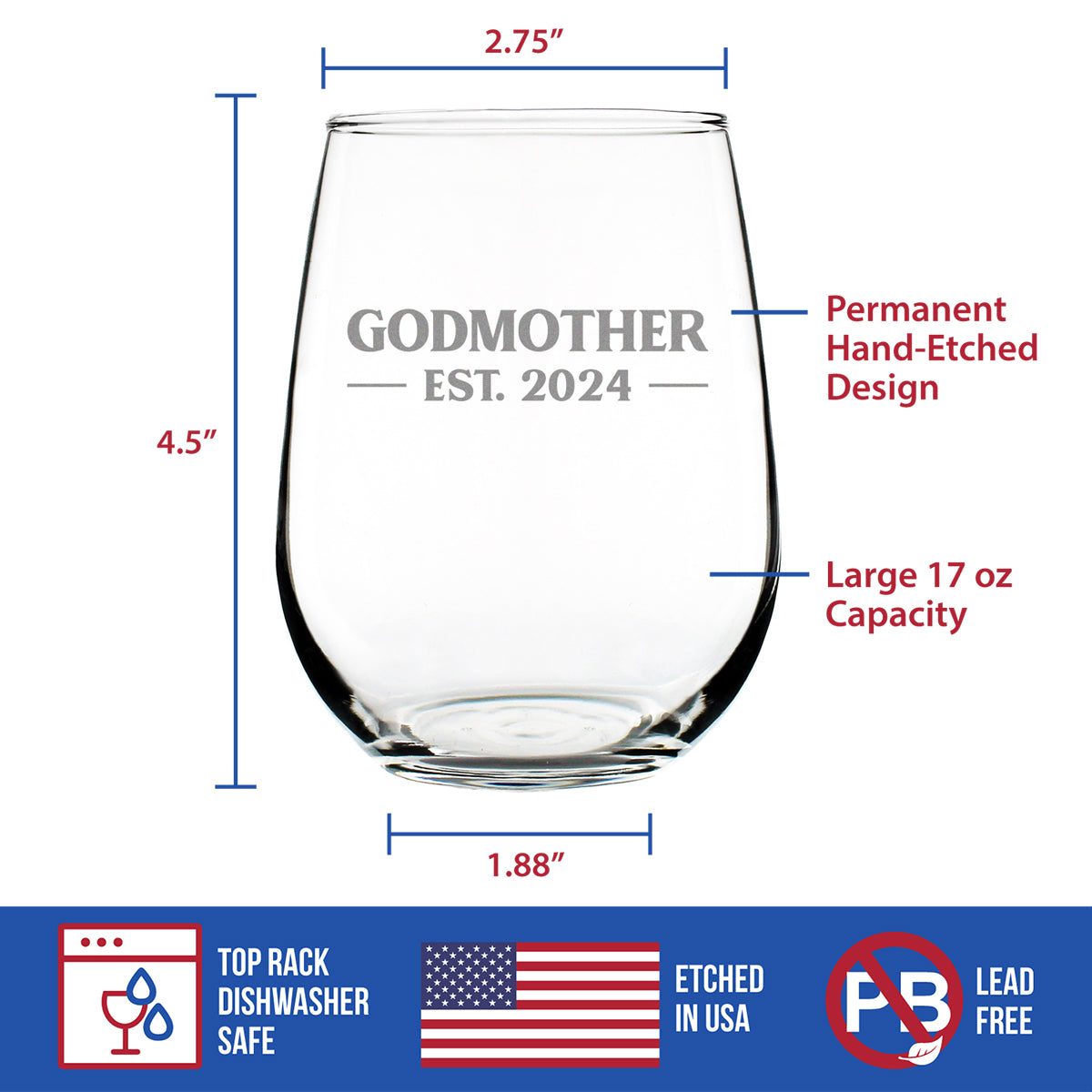 Godmother Est 2024 - New Godmother Stemless Wine Glass Proposal Gift for First Time Godparents - Bold 17 Oz Large Glasses