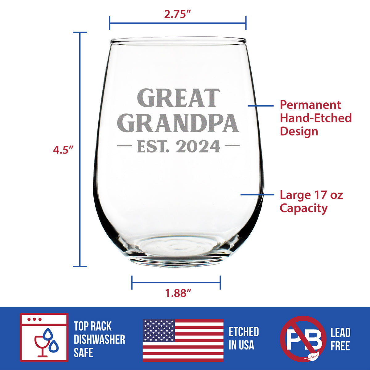 Great Grandpa Est 2024 - New Great Grandfather Stemless Wine Glass Gift for First Time Great Grandparents - Bold 17 Oz Large Glasses