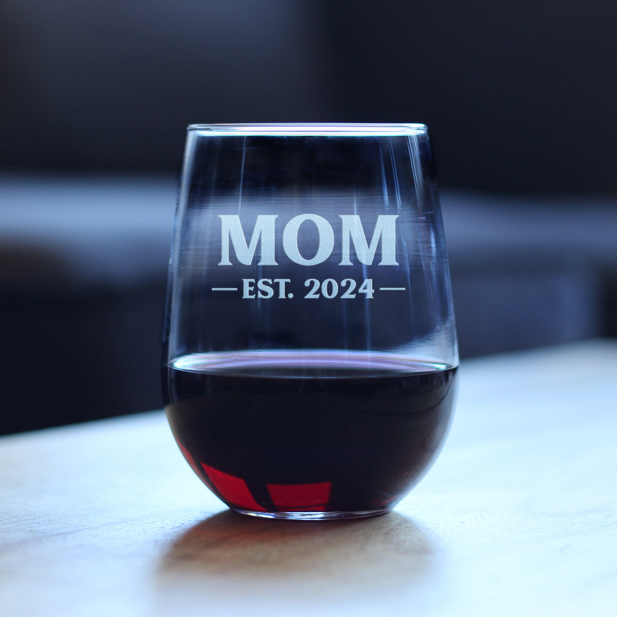 Mom Est 2024 - New Mother Stemless Wine Glass Gift for First Time Parents - Bold 17 Oz Large Glasses