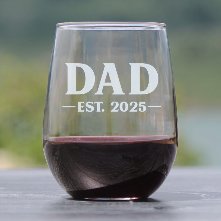 Dad Est 2025 - New Father Stemless Wine Glass Gift for First Time Parents - Bold 17 Oz Large Glasses
