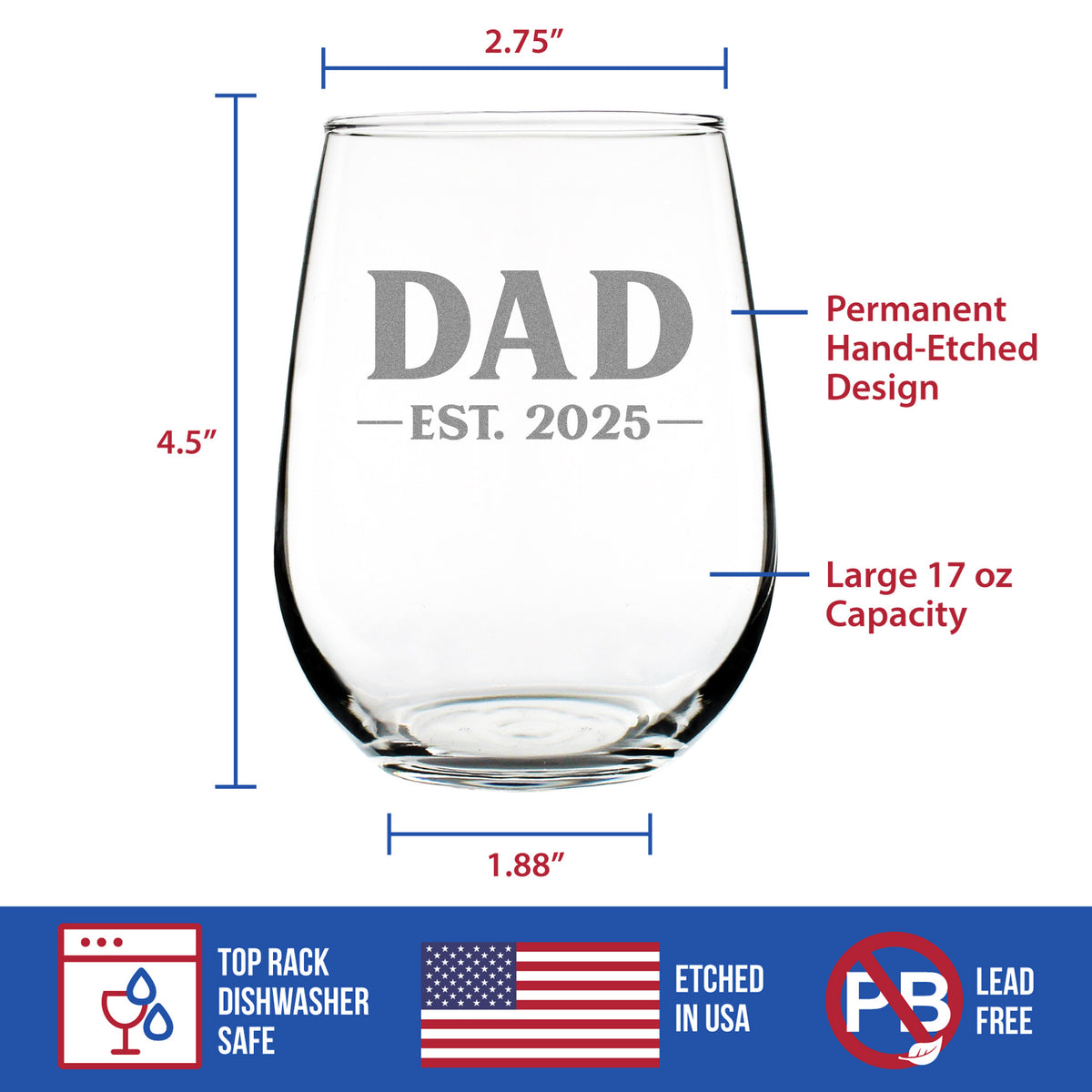 Dad Est 2025 - New Father Stemless Wine Glass Gift for First Time Parents - Bold 17 Oz Large Glasses