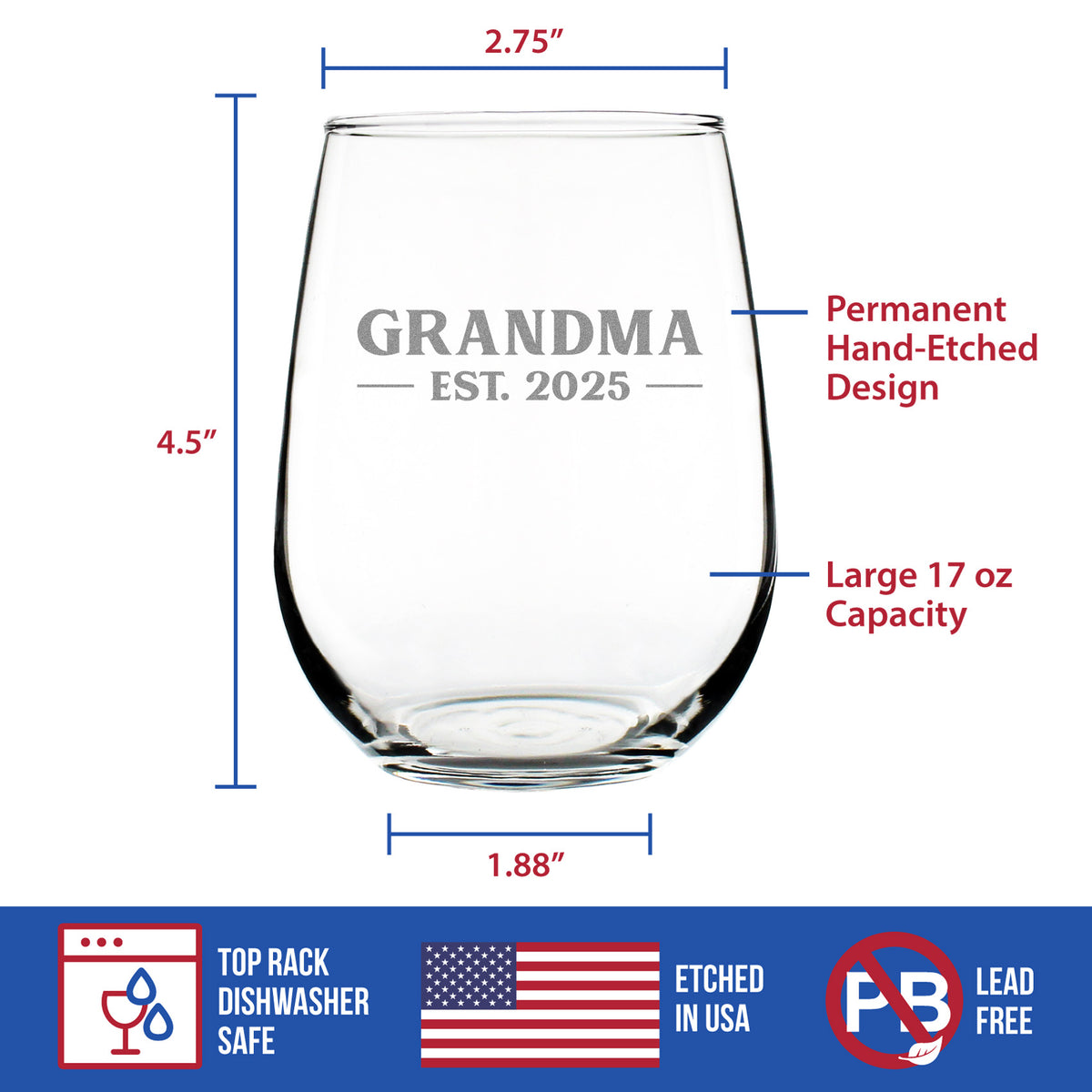 Grandma Est 2025 - New Grandmother Stemless Wine Glass Gift for First Time Grandparents - Bold 17 Oz Large Glasses