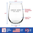 Great Aunt Est 2025 - New Great Aunts Stemless Wine Glass Gift for First Time Great Aunts - Bold 17 Oz Large Glasses