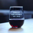 Great Grandma Est 2025 - New Great Grandmother Stemless Wine Glass Gift for First Time Great Grandparents - Bold 17 Oz Large Glasses