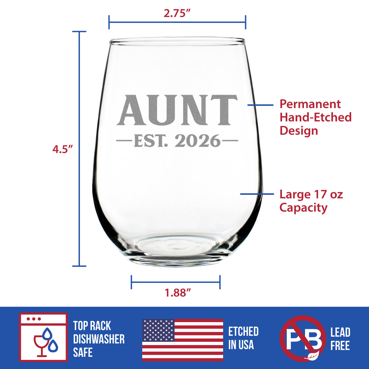 Aunt Est 2026 - Engraved Stemless Wine Glass - New Aunt Gift for First Time Aunts - Bold Large Wine Glasses - 17 oz