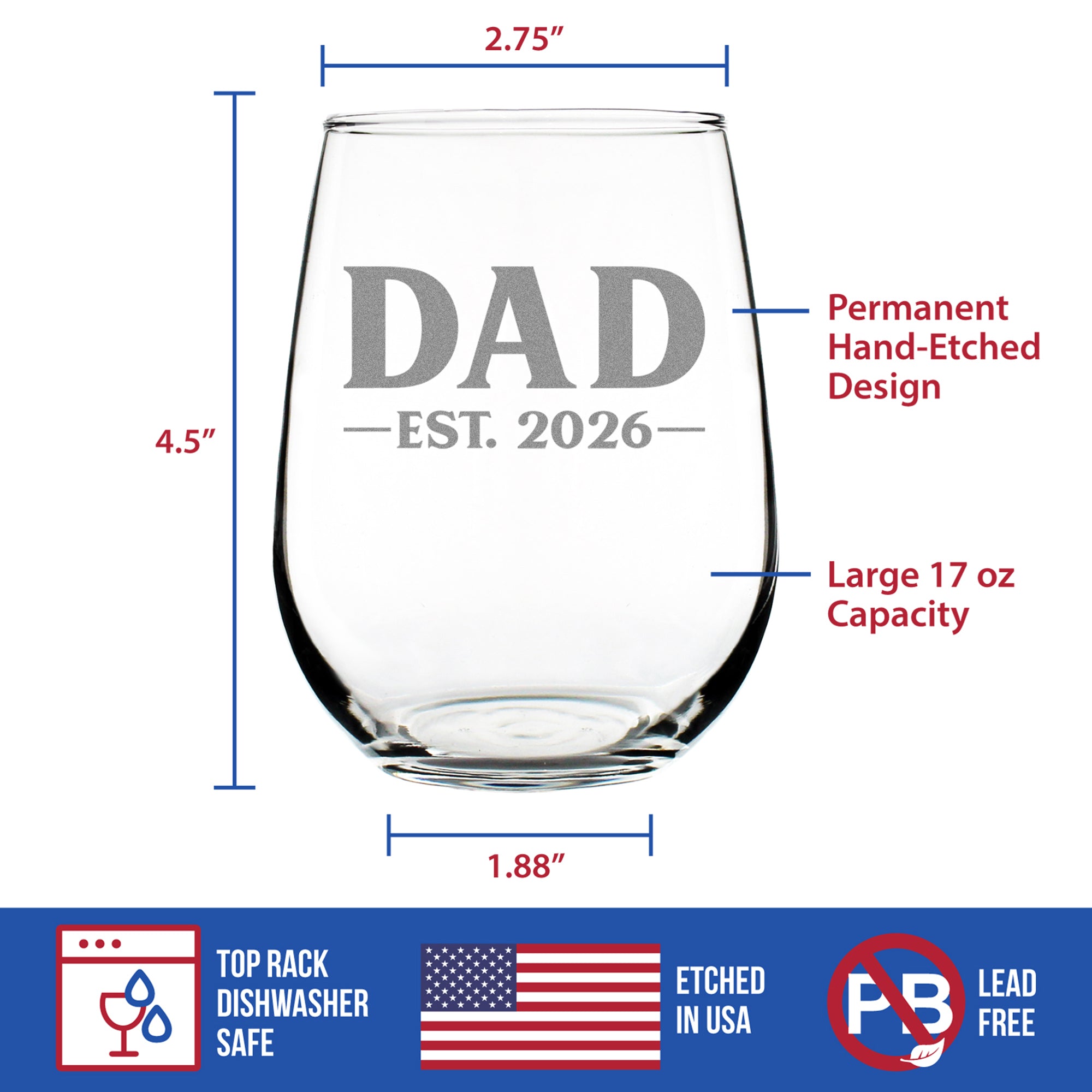Dad Est 2026 - Engraved Stemless Wine Glass - New Father Gift for First Time Parents - Bold Large Wine Glasses - 17 oz