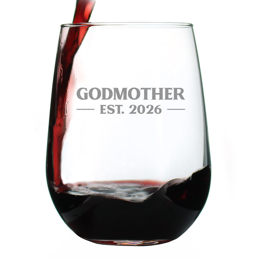 Godmother Est 2026 - Engraved Stemless Wine Glass - New Godmother Gift for First Time Godparents - Bold Large Wine Glasses - 17 oz