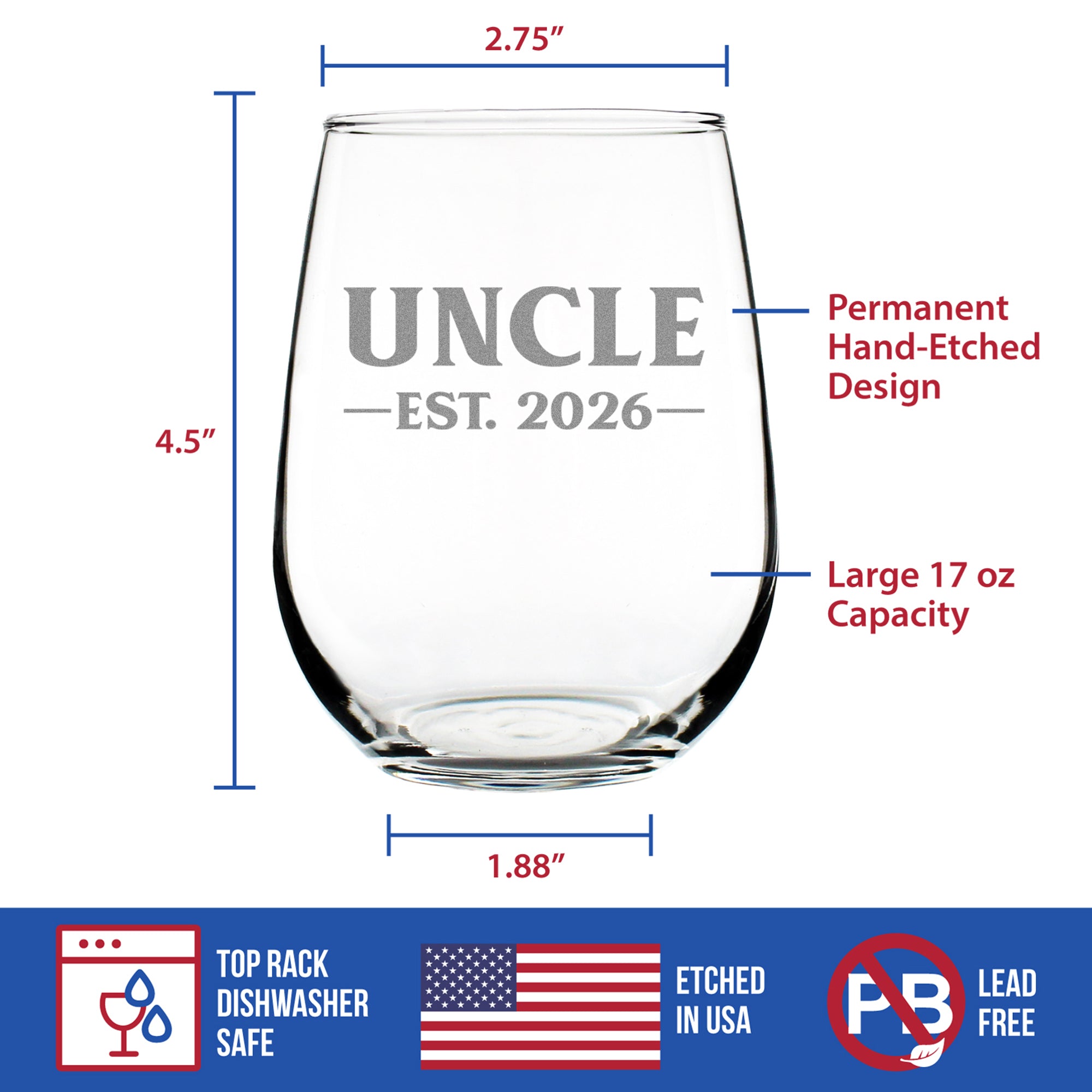 Uncle Est 2026 - Engraved Stemless Wine Glass - New Uncle Gift for First Time Uncles - Bold Large Wine Glasses - 17 oz