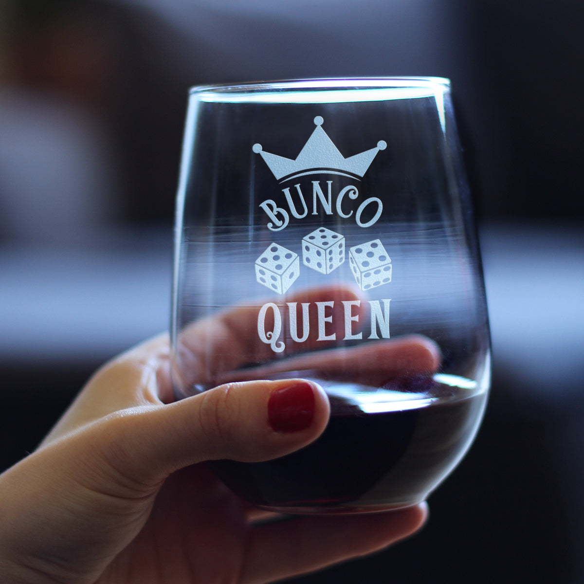 Bunco Queen Stemless Wine Glass - Bunco Decor and Bunco Gifts for Women - Large 17 Oz Glasses