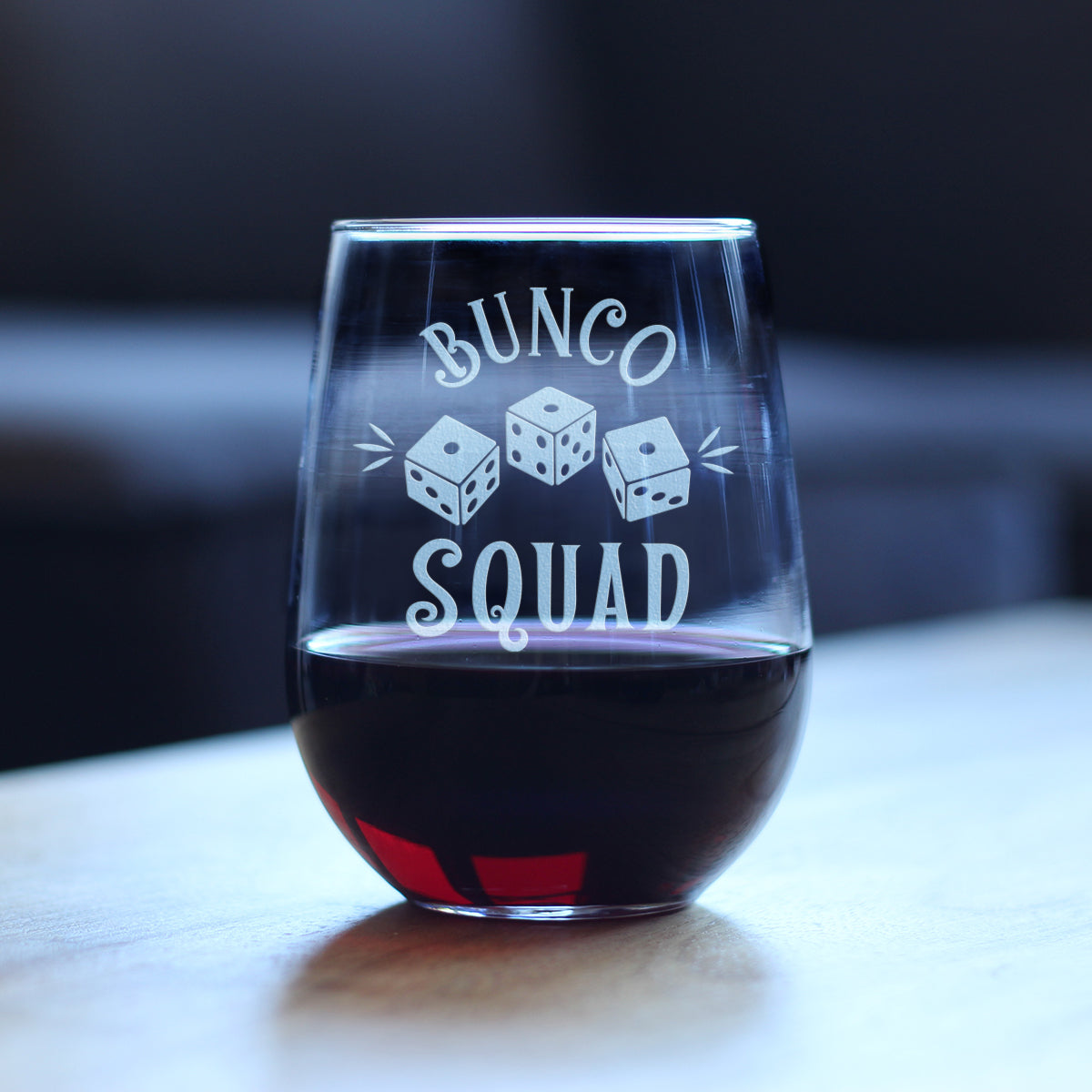 Bunco Squad Stemless Wine Glass - Bunco Decor and Bunco Gifts for Women - Large 17 Oz Glasses