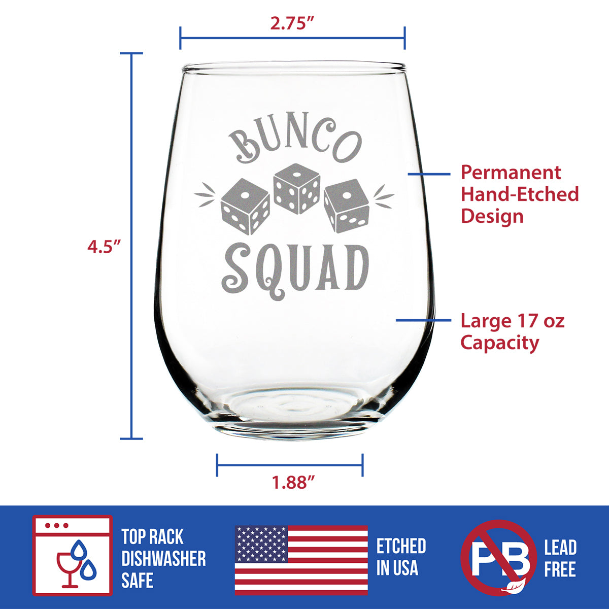 Bunco Squad Stemless Wine Glass - Bunco Decor and Bunco Gifts for Women - Large 17 Oz Glasses