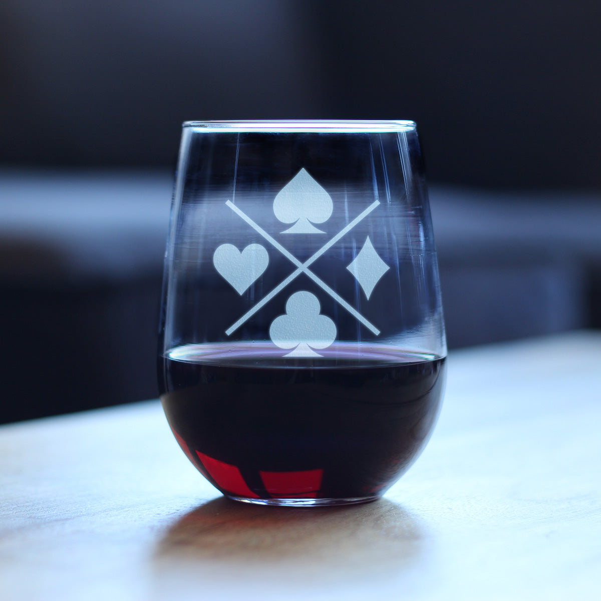 Card Suits Engraved Stemless Wine Glass High Quality Gifts for Card Players Large Wine Glasses - 17 oz