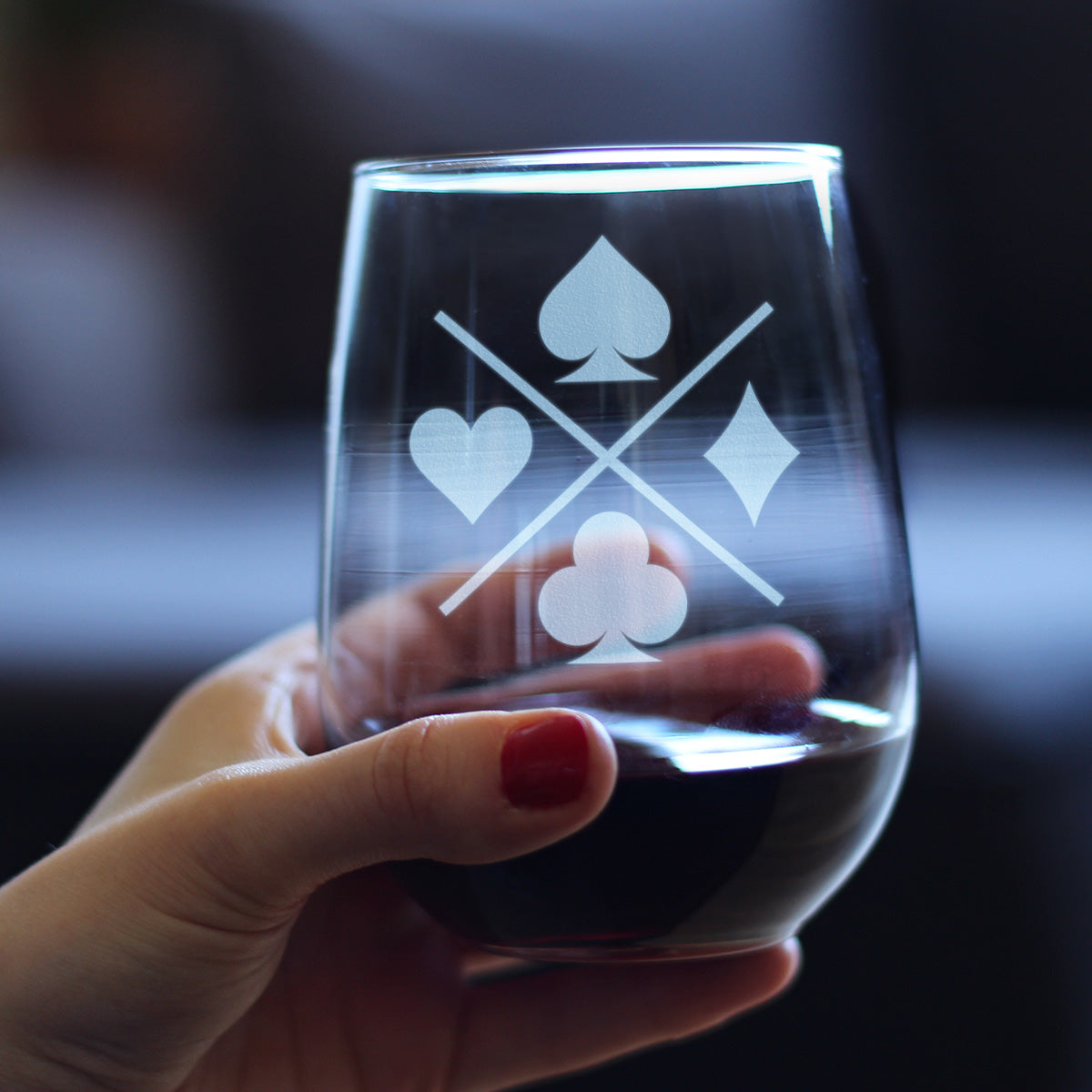 Card Suits Engraved Stemless Wine Glass High Quality Gifts for Card Players Large Wine Glasses - 17 oz