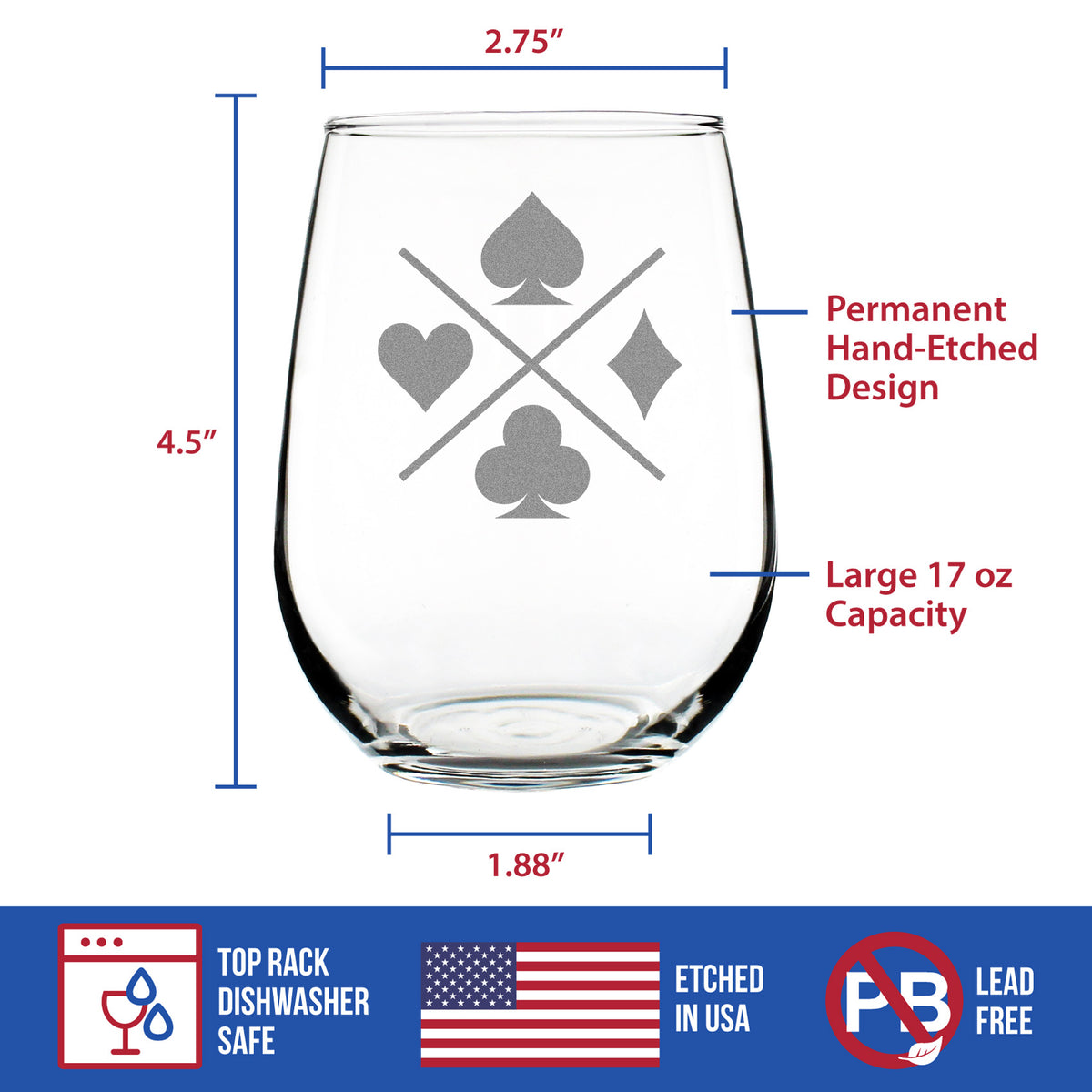 Card Suits Engraved Stemless Wine Glass High Quality Gifts for Card Players Large Wine Glasses - 17 oz