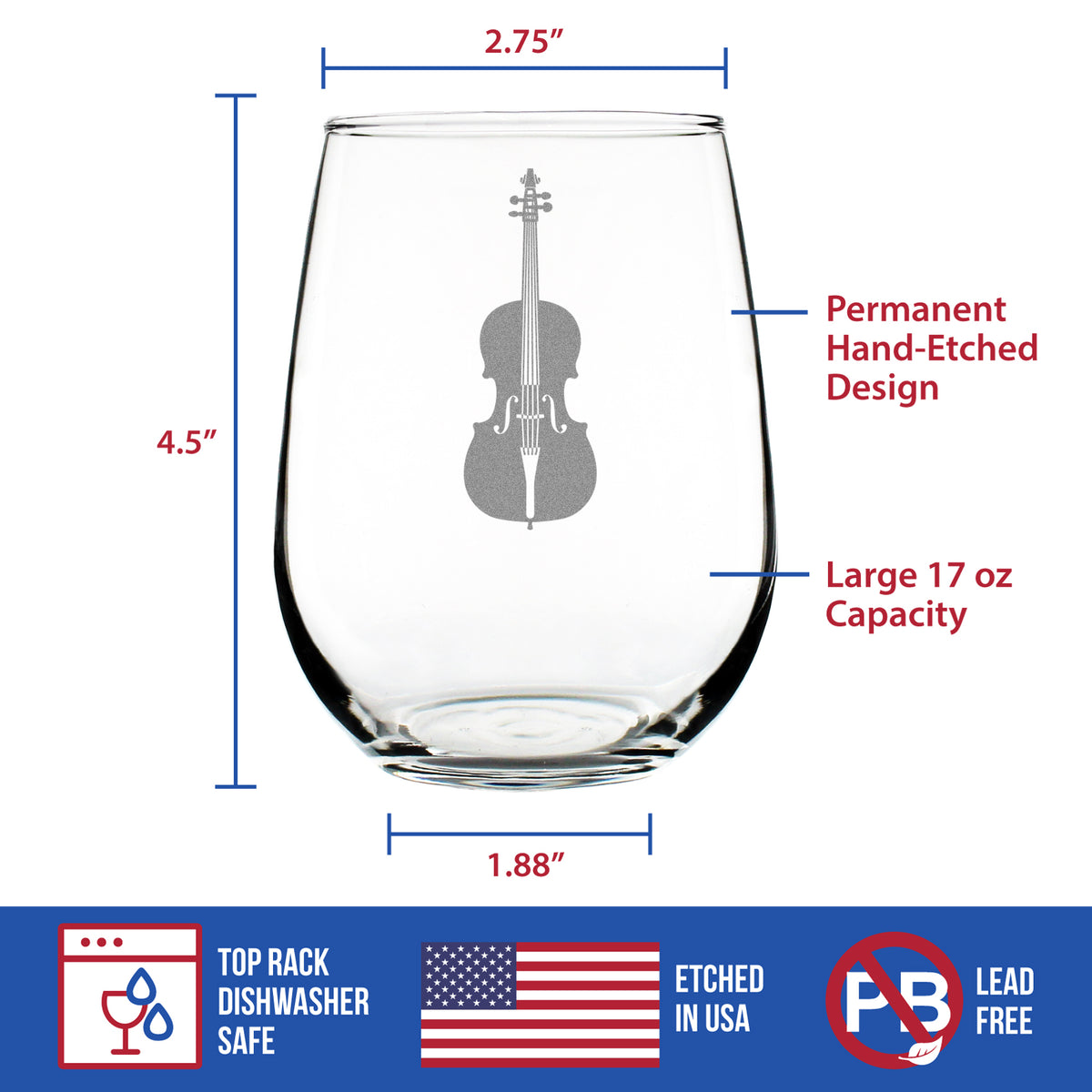 Cello - Stemless Wine Glass - Orchestra Gifts for Cellists - Large 17 Ounce Glasses