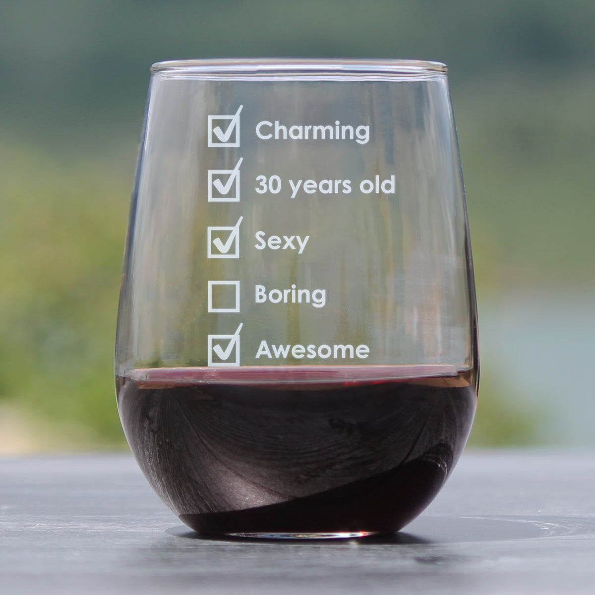 30th Birthday Checklist - Stemless Wine Glass Gift - Funny Bday Gifts for Women and Men Turning 30 - Large 17 Ounce