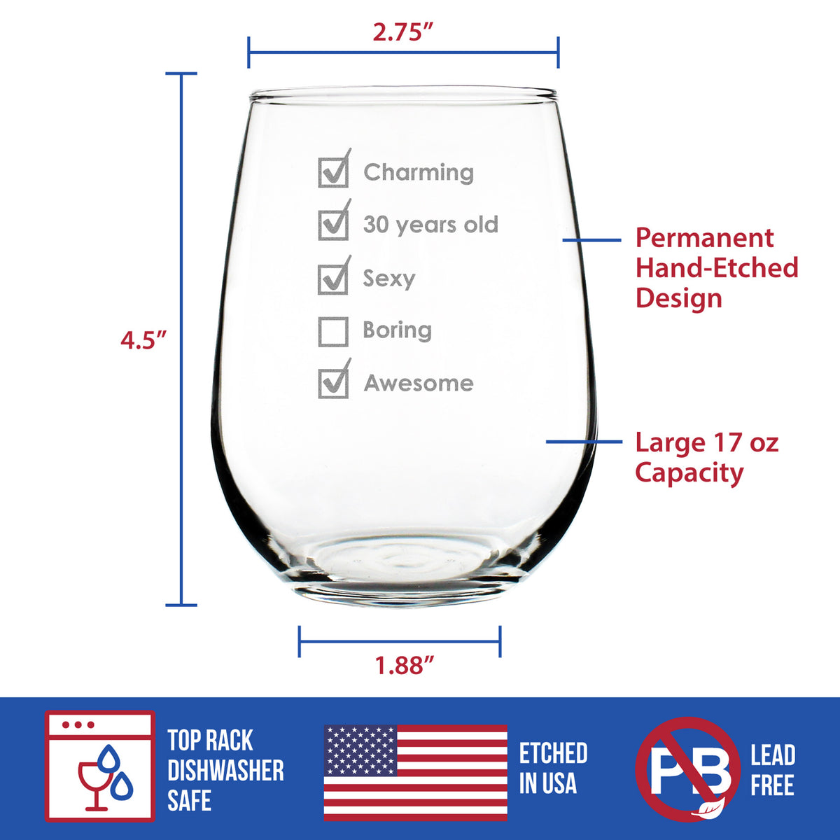 30th Birthday Checklist - Stemless Wine Glass Gift - Funny Bday Gifts for Women and Men Turning 30 - Large 17 Ounce