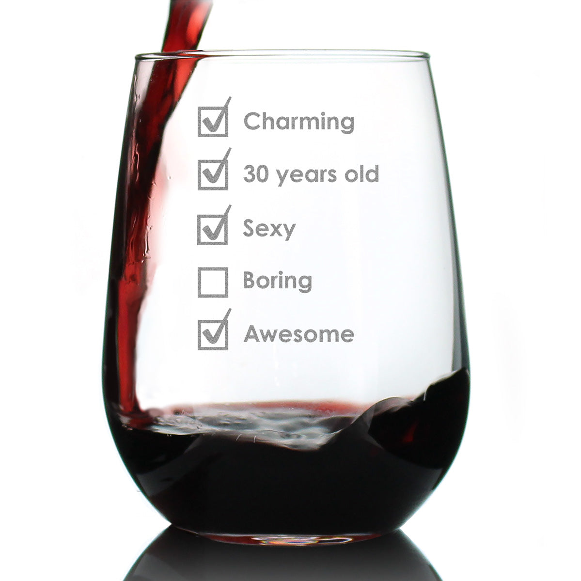 30th Birthday Checklist - Stemless Wine Glass Gift - Funny Bday Gifts for Women and Men Turning 30 - Large 17 Ounce