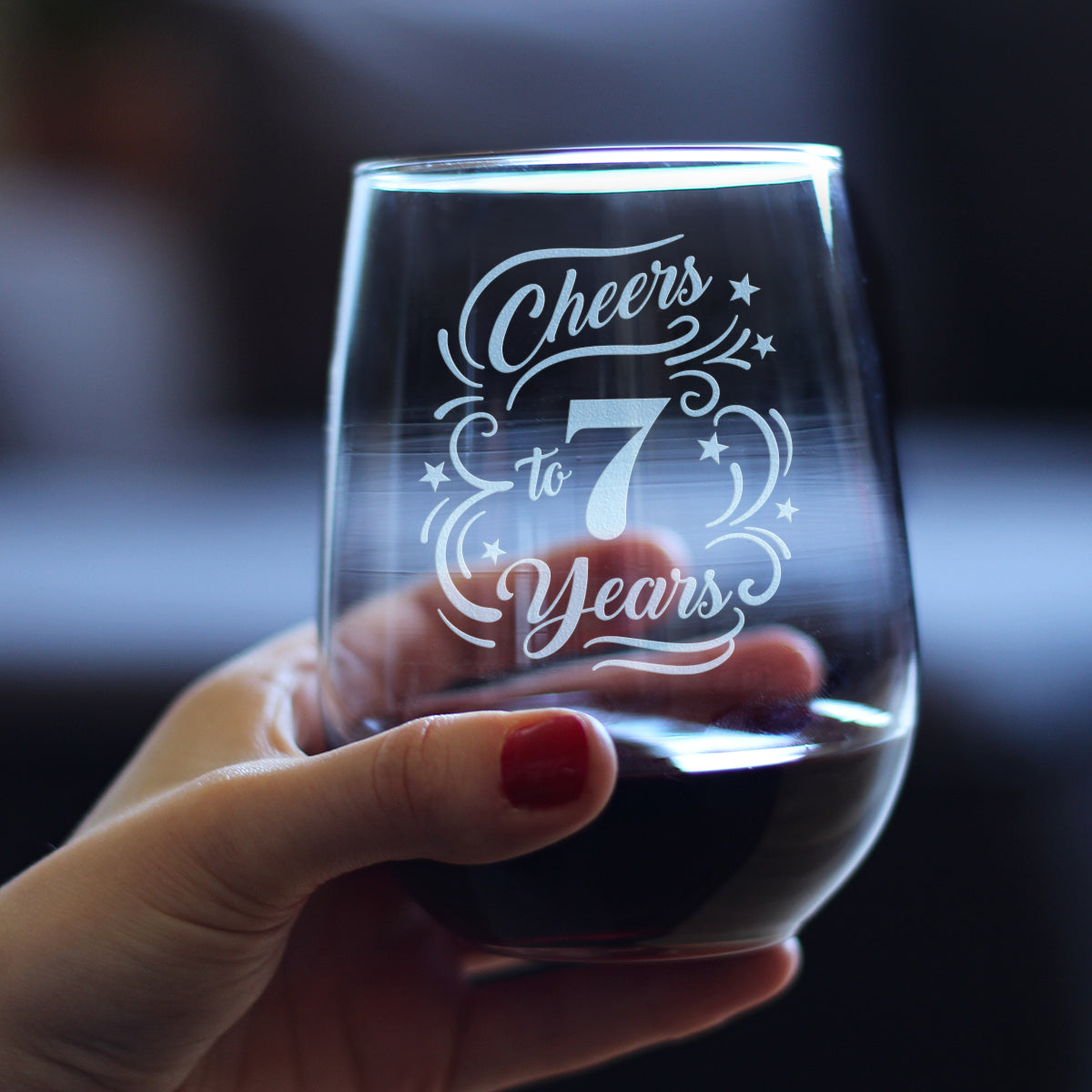 Cheers to 7 Years - Stemless Wine Glass Gifts for Women &amp; Men - 7th Anniversary Party Decor - Large 17 Oz Glasses