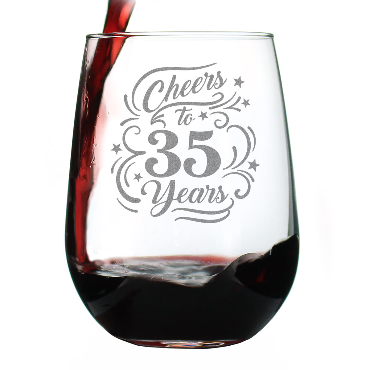 Cheers to 35 Years - Engraved Stemless Wine Glass - 35th Anniversary or Birthday Party Decor - Large Wine Glasses - 17 oz