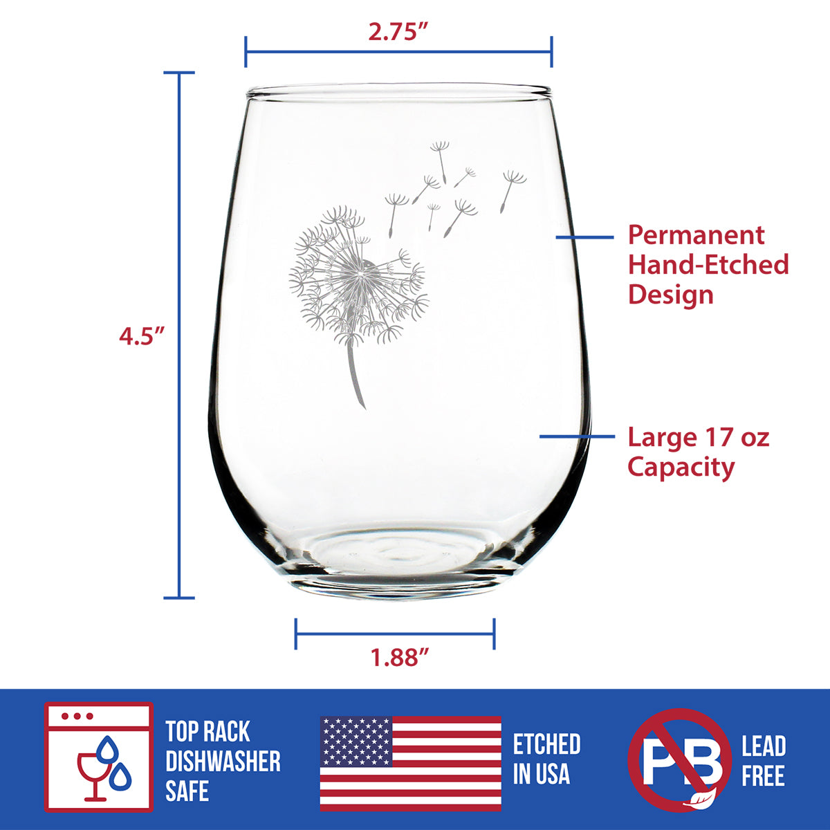 Dandelion Stemless Wine Glass - Friendship Gifts and Dandelion Flowers Decor for New Beginnings - Large 17 Oz Glasses