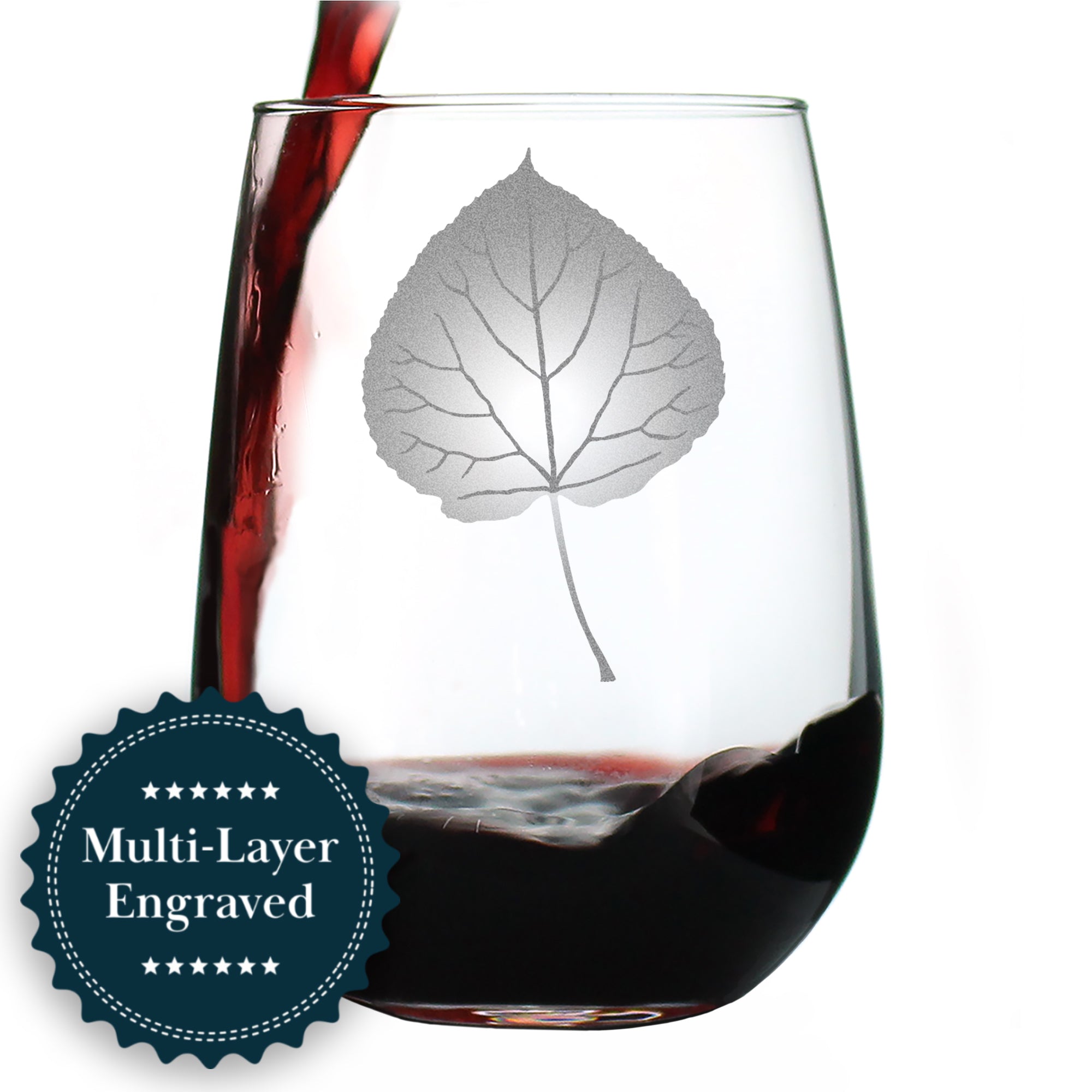 Aspen Leaf Engraved Stemless Wine Glass - Multi-Layer Engraving - 17 oz & 15 oz