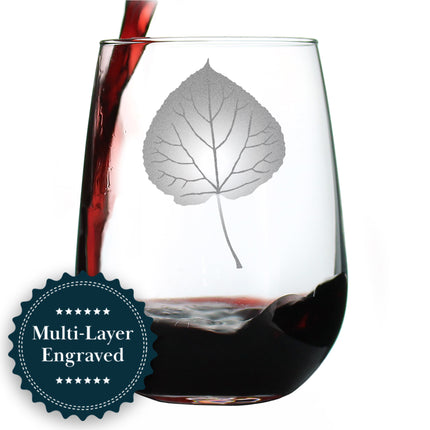 Aspen Leaf Engraved Stemless Wine Glass - Multi-Layer Engraving - 17 oz & 15 oz