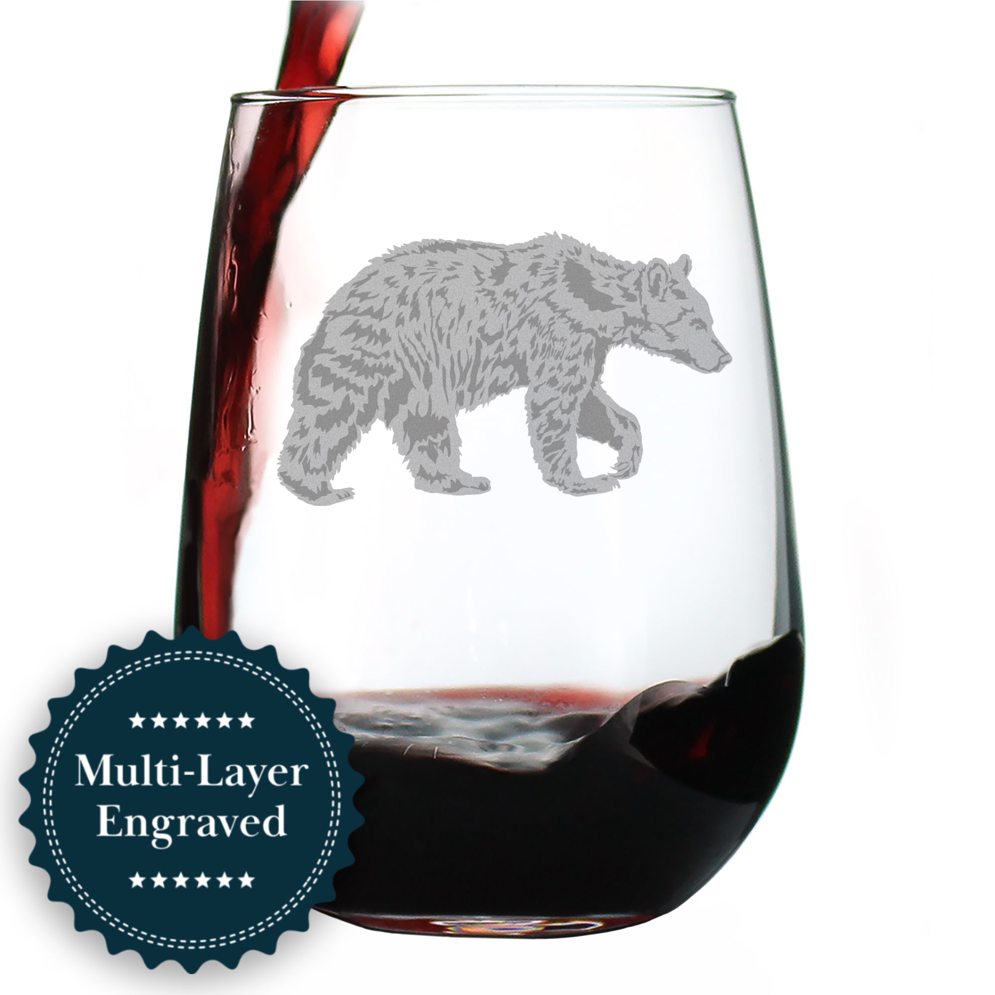 Bear Engraved Stemless Wine Glass - Multi-Layer Engraving - 17 oz & 15 oz