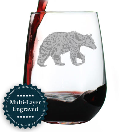 Bear Engraved Stemless Wine Glass - Multi-Layer Engraving - 17 oz & 15 oz