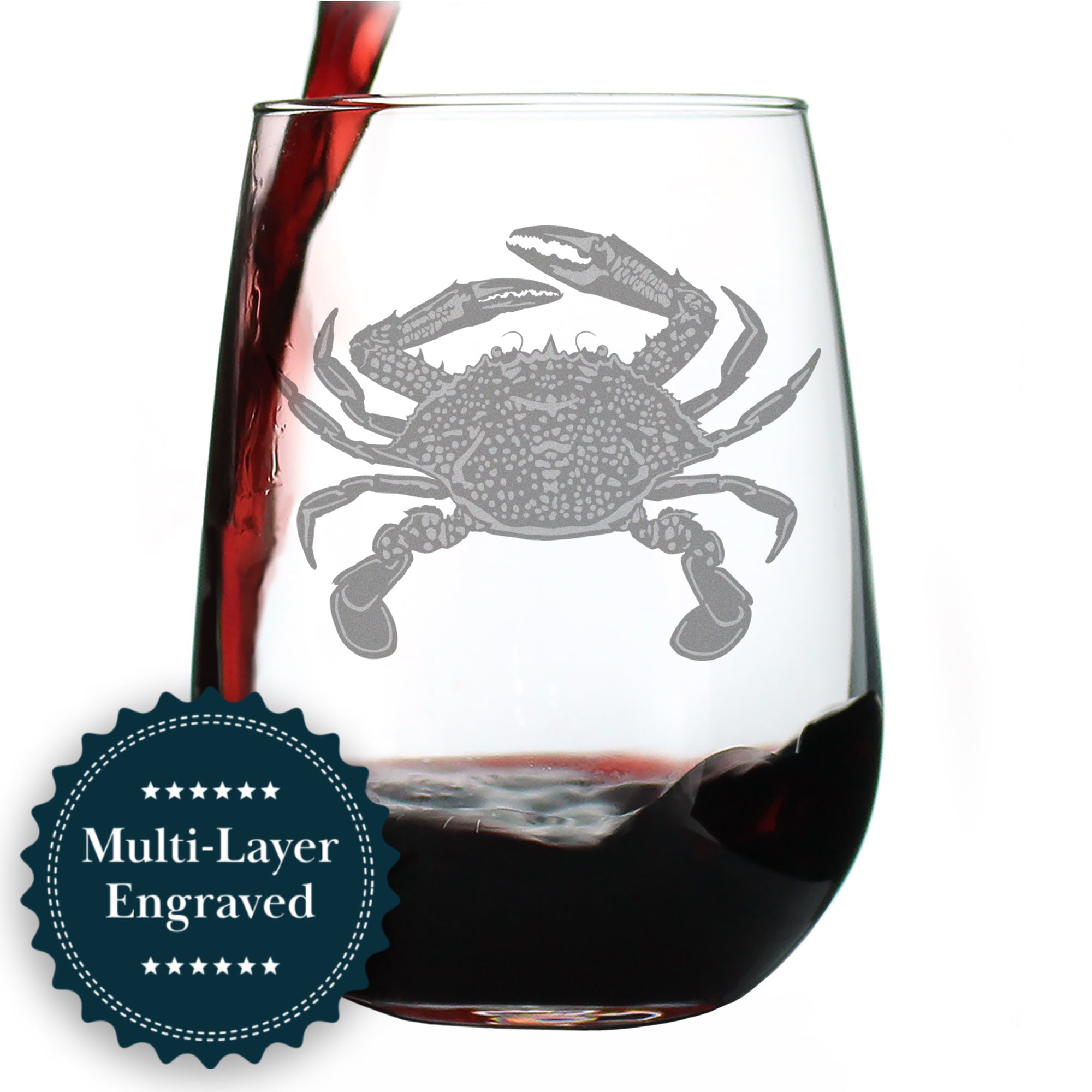 Crab Engraved Stemless Wine Glass - Multi-Layer Engraving - 17 oz & 15 oz