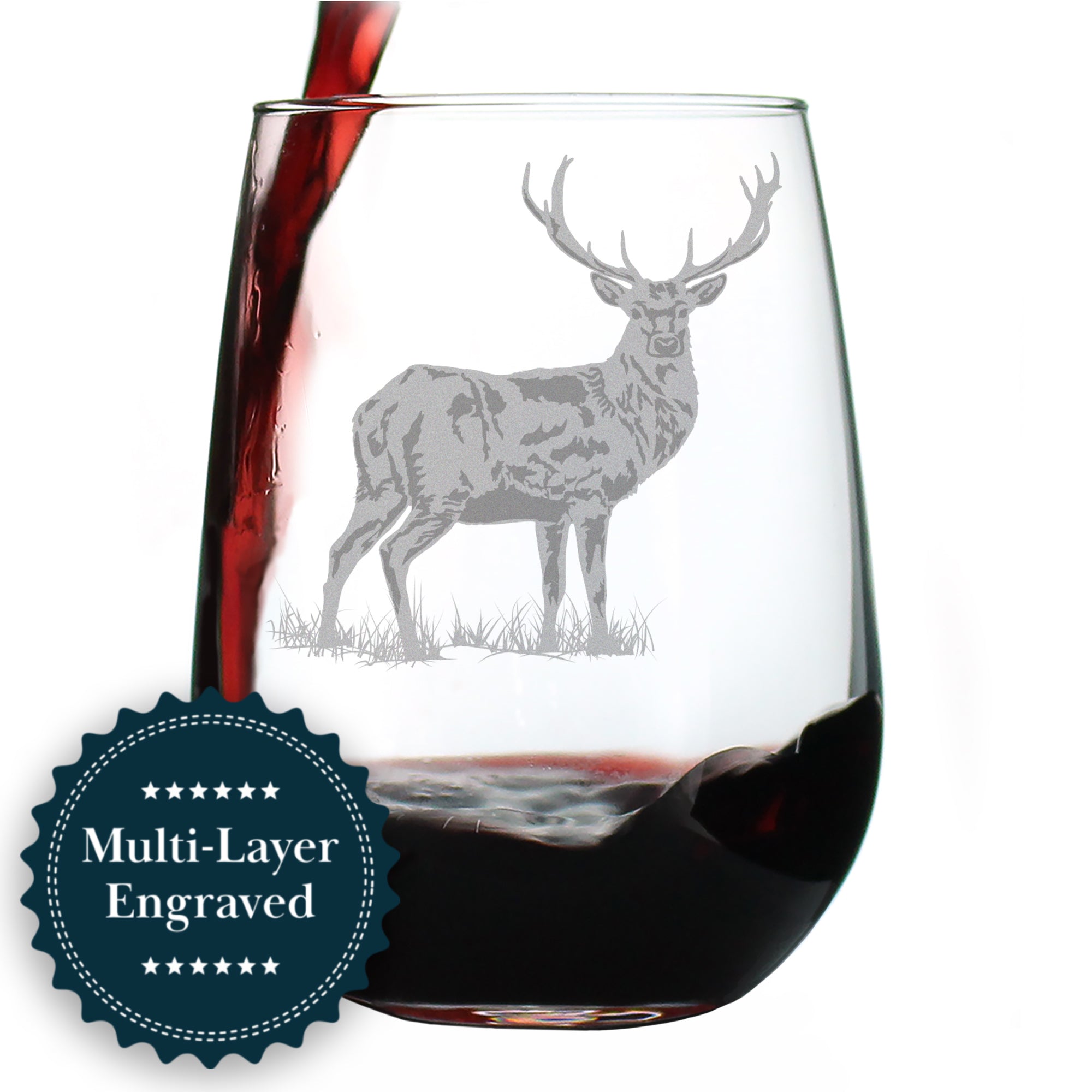 Deer Engraved Stemless Wine Glass - Multi-Layer Engraving - 17 oz & 15 oz