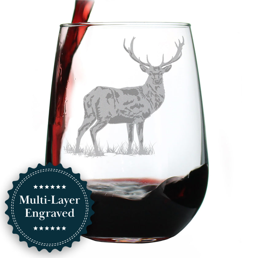 Deer Engraved Stemless Wine Glass - Multi-Layer Engraving - 17 oz & 15 oz