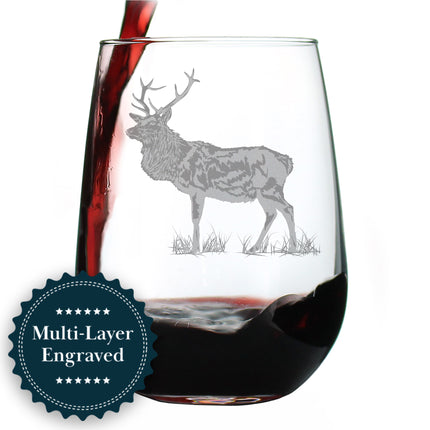 Elk Engraved Stemless Wine Glass - Multi-Layer Engraving - 17 oz & 15 oz