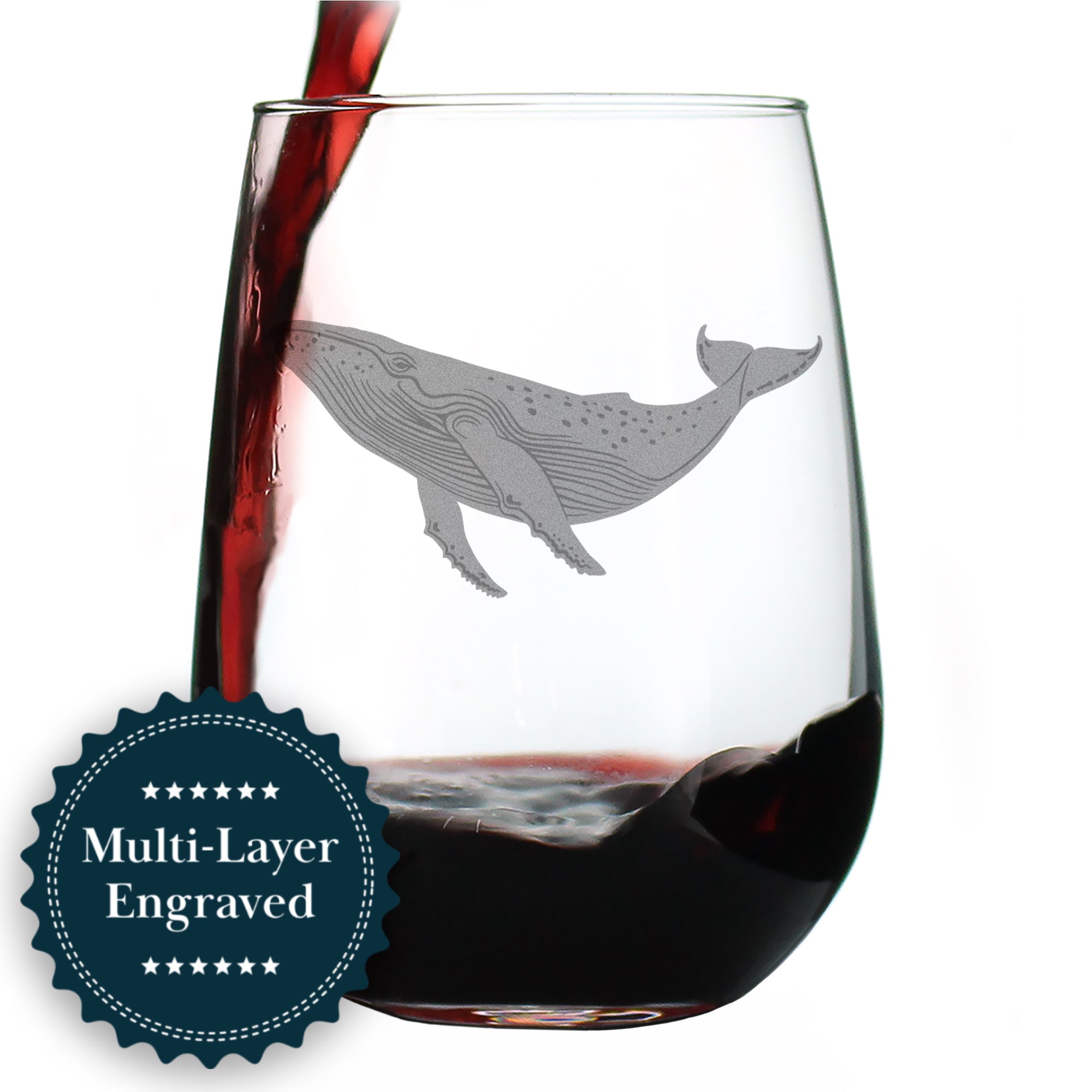 Whale Engraved Stemless Wine Glass - Multi-Layer Engraving - 17 oz & 15 oz