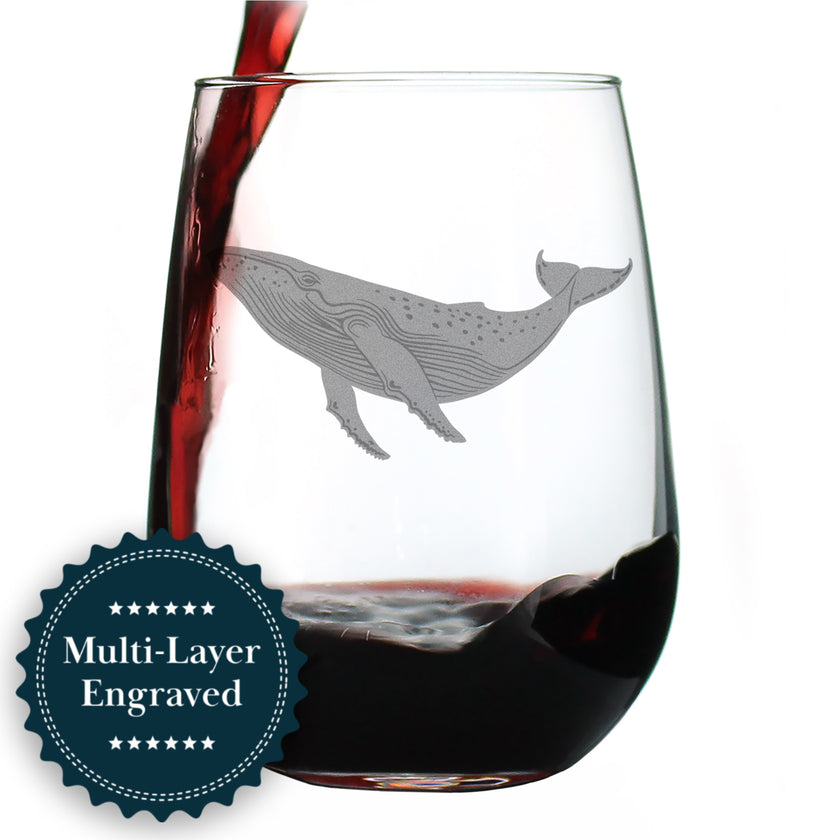 Whale Engraved Stemless Wine Glass - Multi-Layer Engraving - 17 oz & 15 oz