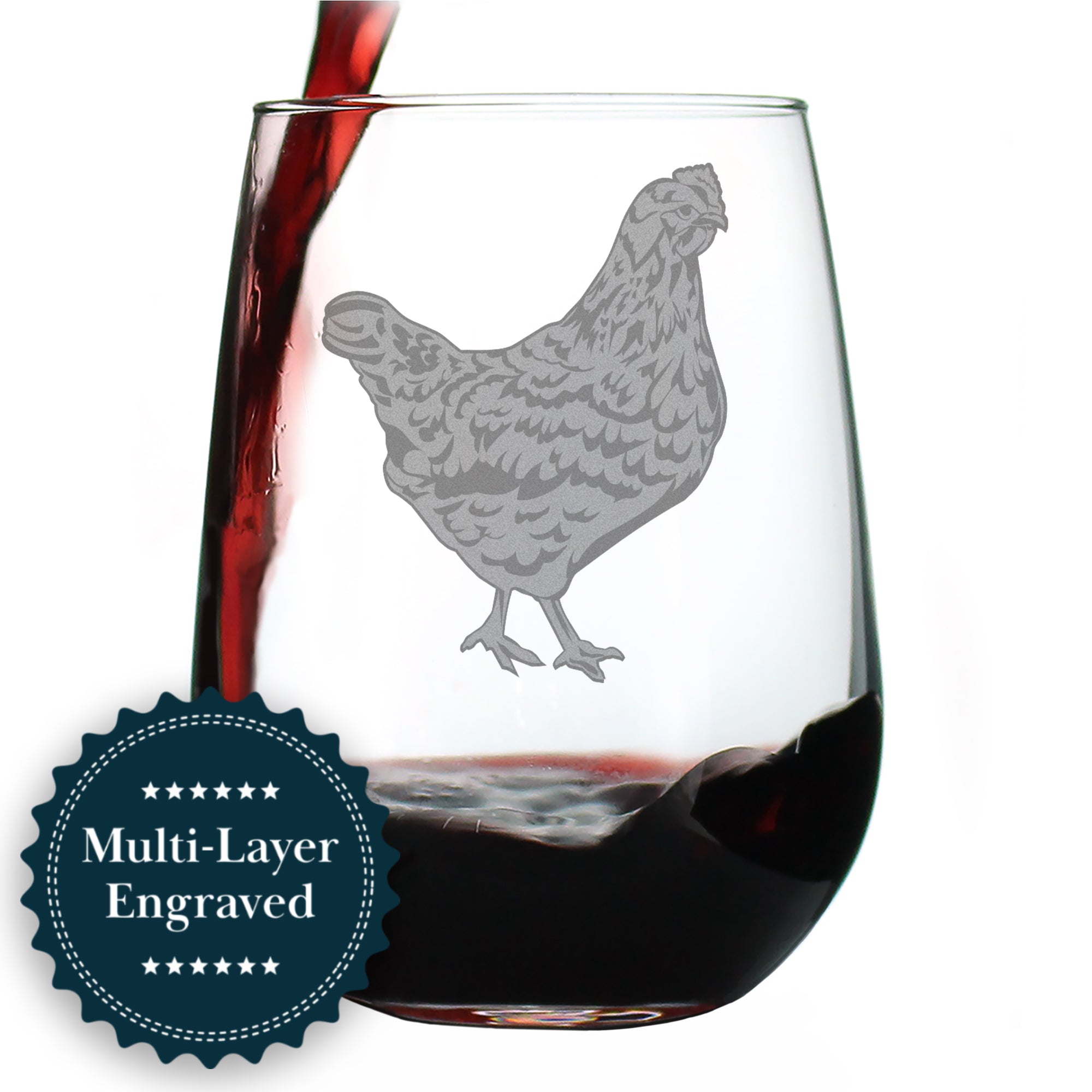 Hen Engraved Stemless Wine Glass - Multi-Layer Engraving - 17 oz & 15 oz