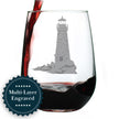 Lighthouse Engraved Stemless Wine Glass - Multi-Layer Engraving - 17 oz & 15 oz