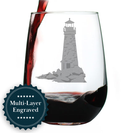 Lighthouse Engraved Stemless Wine Glass - Multi-Layer Engraving - 17 oz & 15 oz