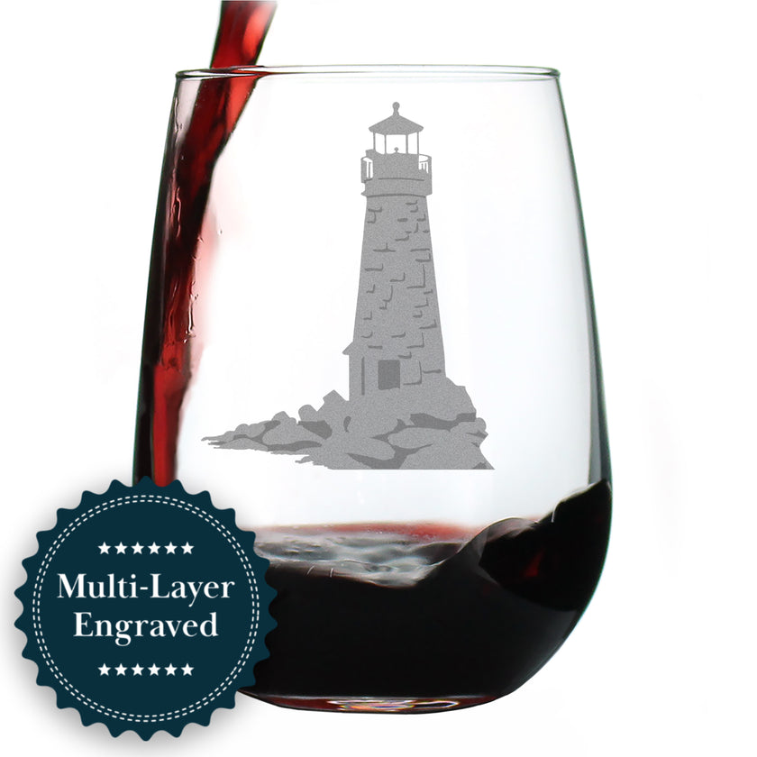 Lighthouse Engraved Stemless Wine Glass - Multi-Layer Engraving - 17 oz & 15 oz