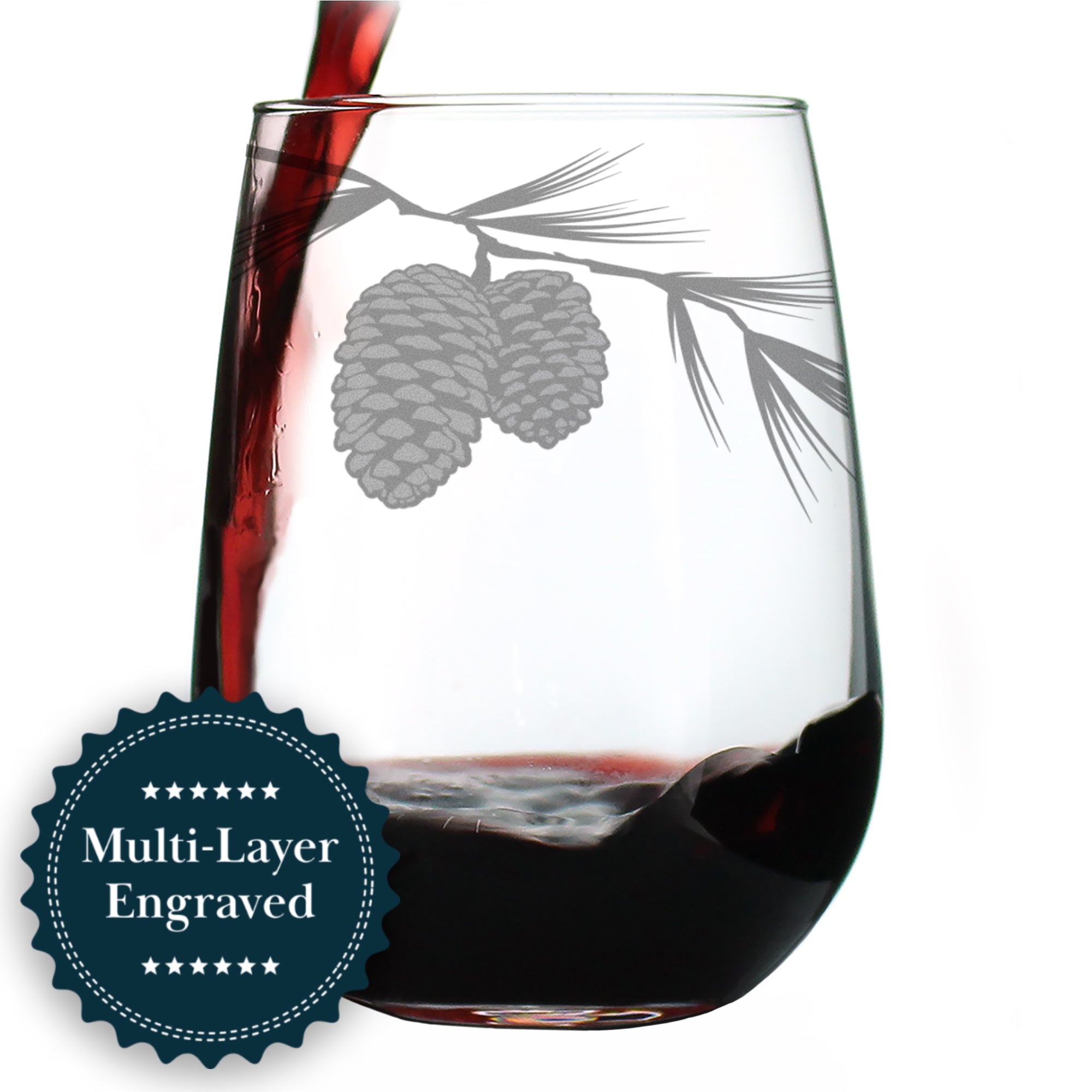 Pinecones Engraved Stemless Wine Glass - Multi-Layer Engraving - 17 oz & 15 oz