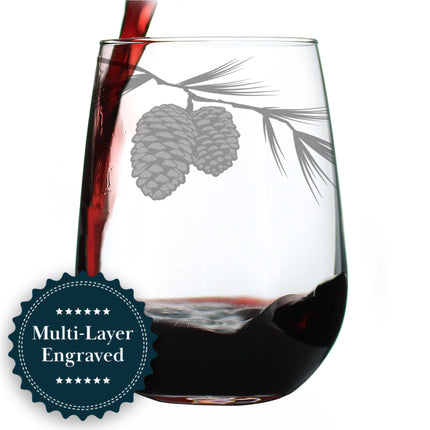 Pinecones Engraved Stemless Wine Glass - Multi-Layer Engraving - 17 oz & 15 oz