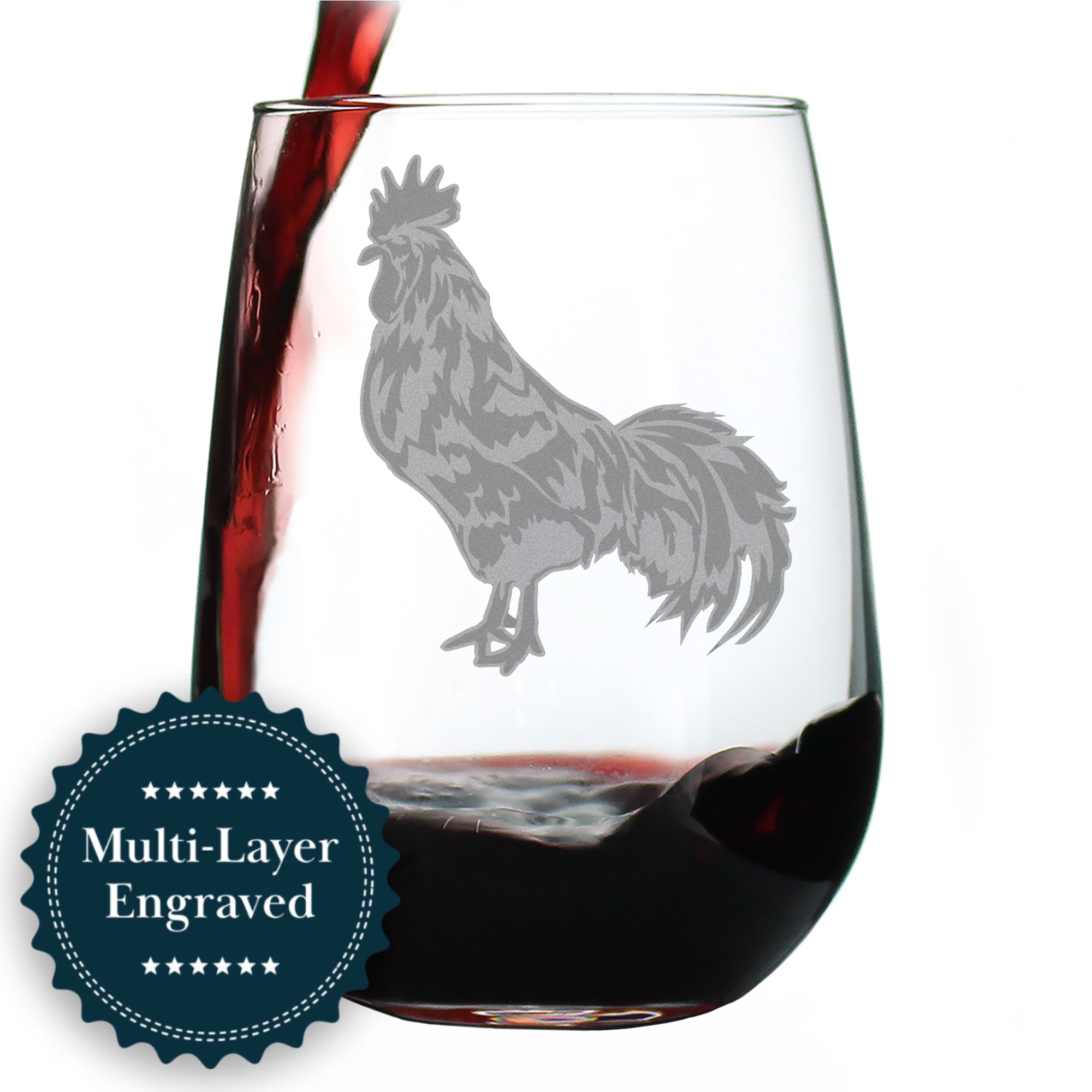 Rooster Engraved Stemless Wine Glass - Multi-Layer Engraving - 17 oz & 15 oz