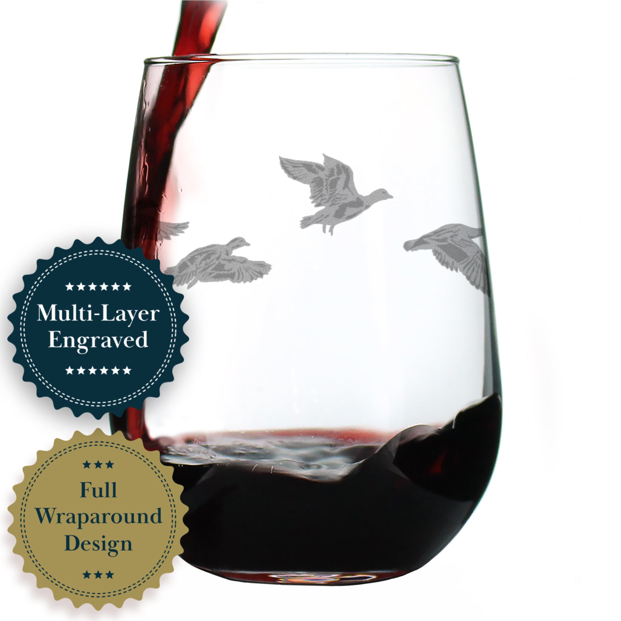 Flying Ducks Engraved Stemless Wine Glass - Full Wrap - Multi-Layer Engraving - 17 oz & 15 oz
