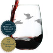 Flying Ducks Engraved Stemless Wine Glass - Full Wrap - Multi-Layer Engraving - 17 oz & 15 oz