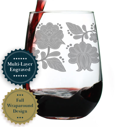 Folk Art Floral Engraved Stemless Wine Glass Hungarian Kalocsa Embroidery Pattern Multi-Layer Engraving - 17 oz & 15 oz