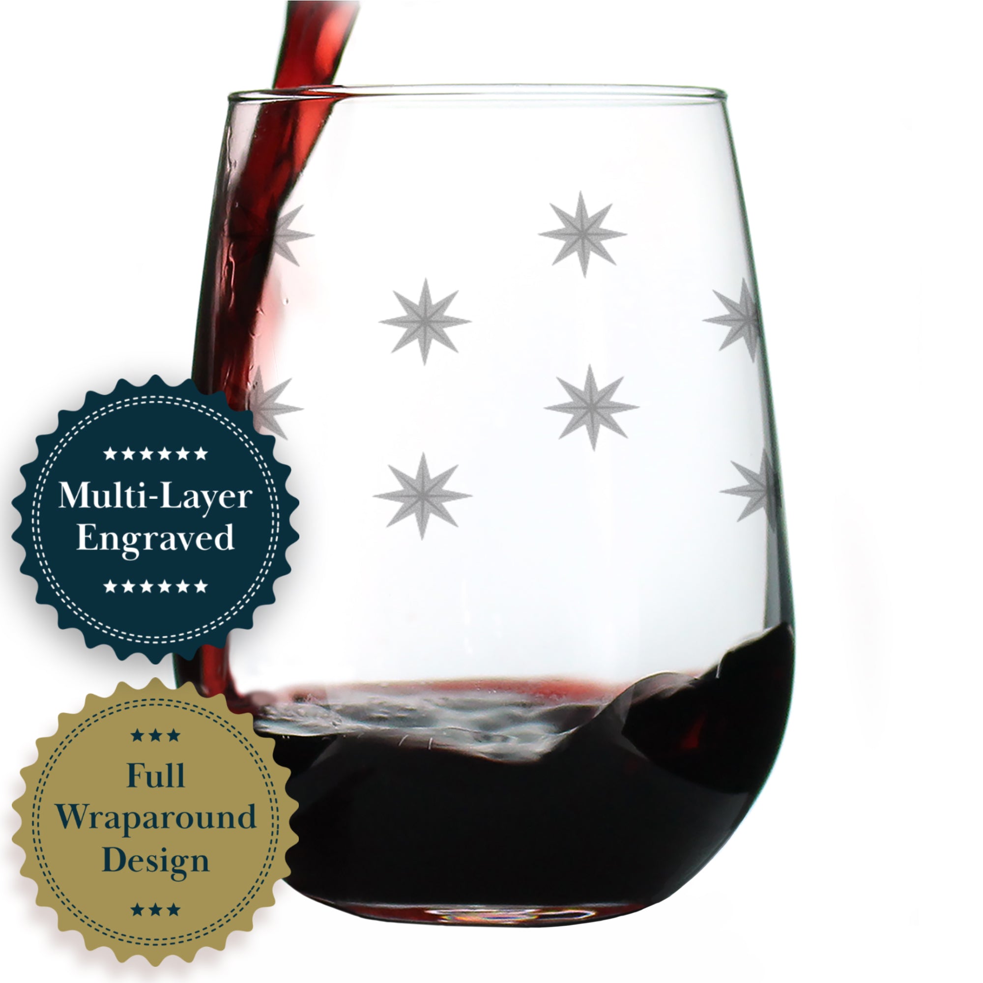 Star Pattern Engraved Stemless Wine Glass - Full Wrap - Multi-Layer Engraving - 17 oz & 15 oz