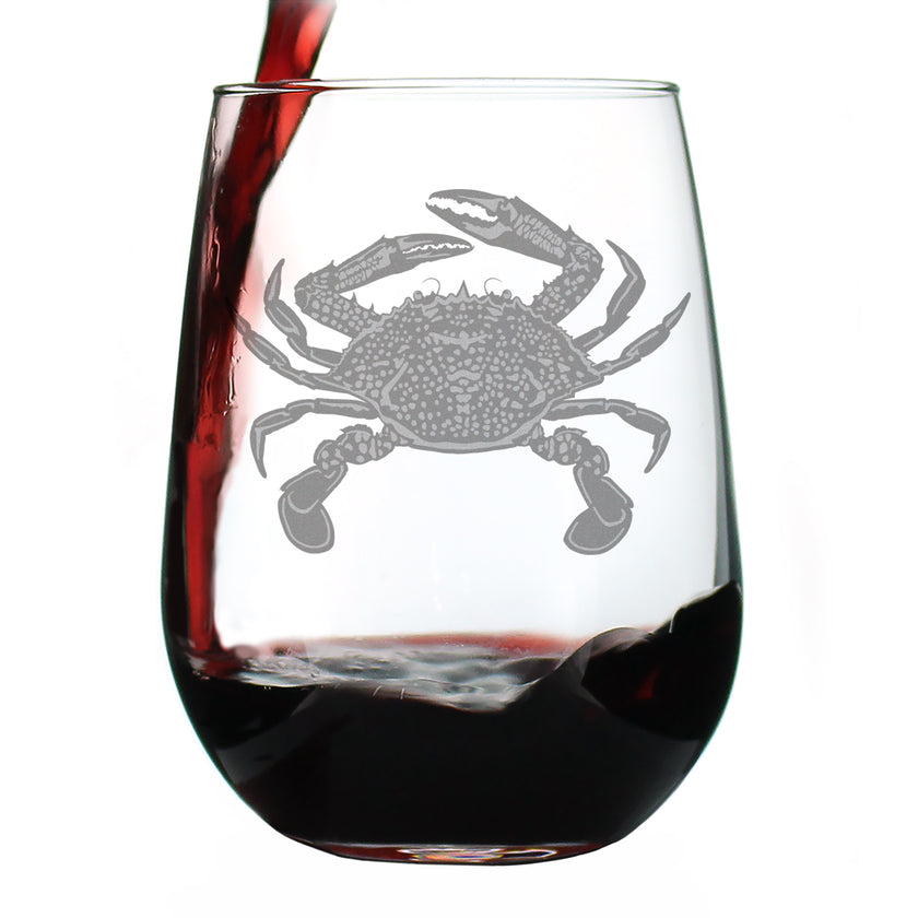 Crab Engraved Stemless Wine Glass - Multi-Layer Engraving - 17 oz & 15 oz