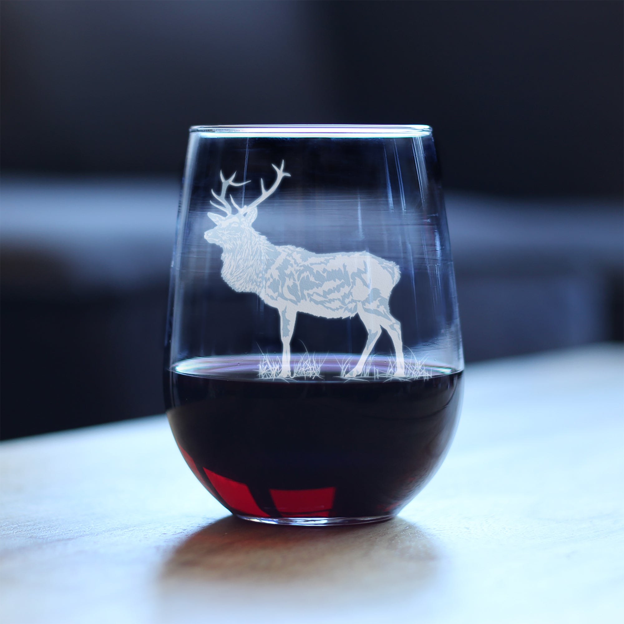 Elk Engraved Stemless Wine Glass - Multi-Layer Engraving - 17 oz & 15 oz